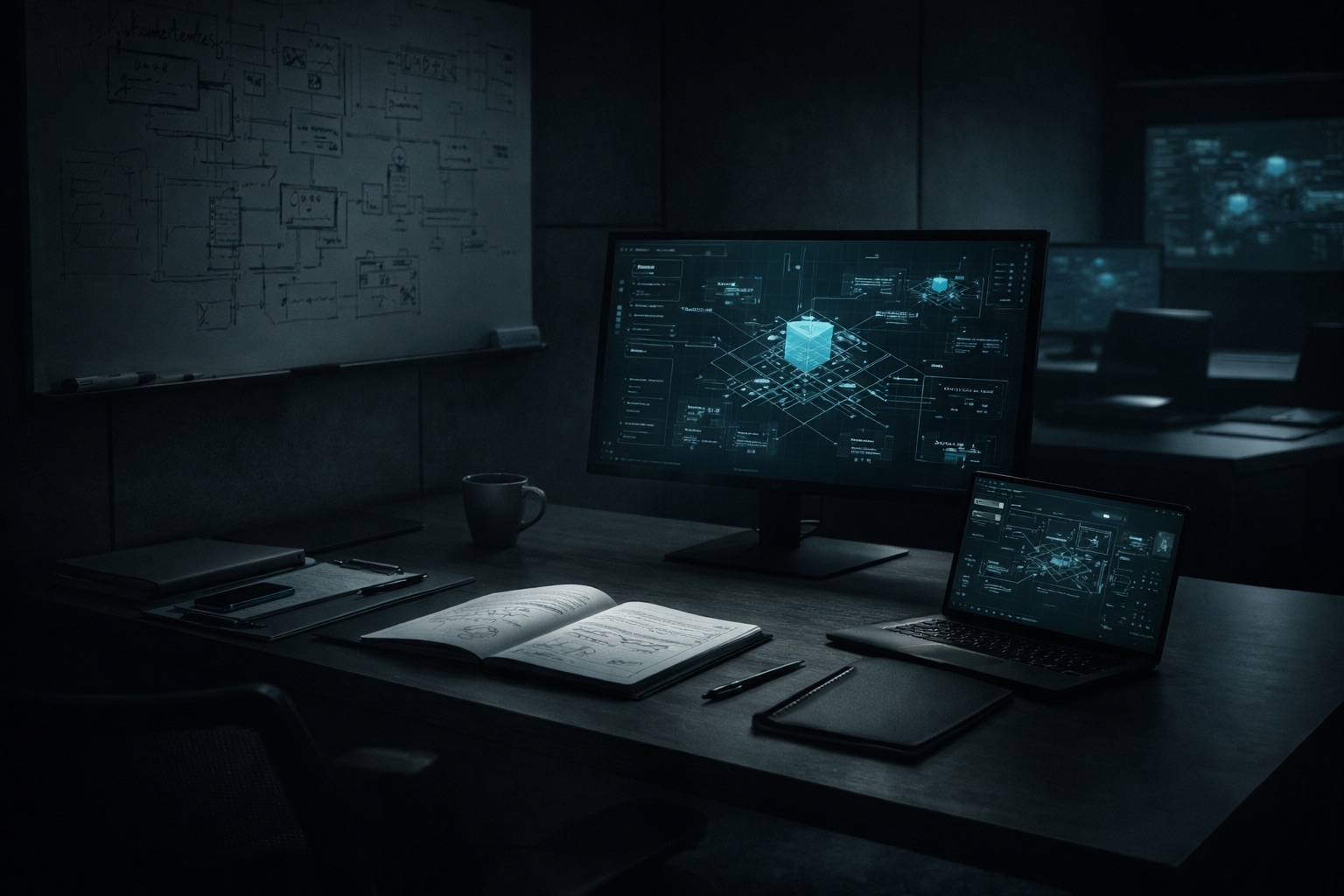 Editorial illustration of a quiet technical workspace with architecture sketches and an operations-led atmosphere.